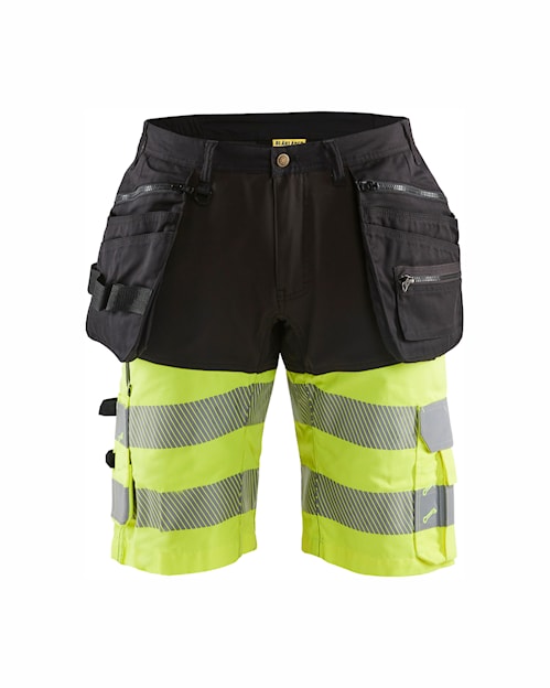 Blakläder 4-way stretch Hi-Vis kl.1 lühikesed püksid ripptaskutega must/kollane