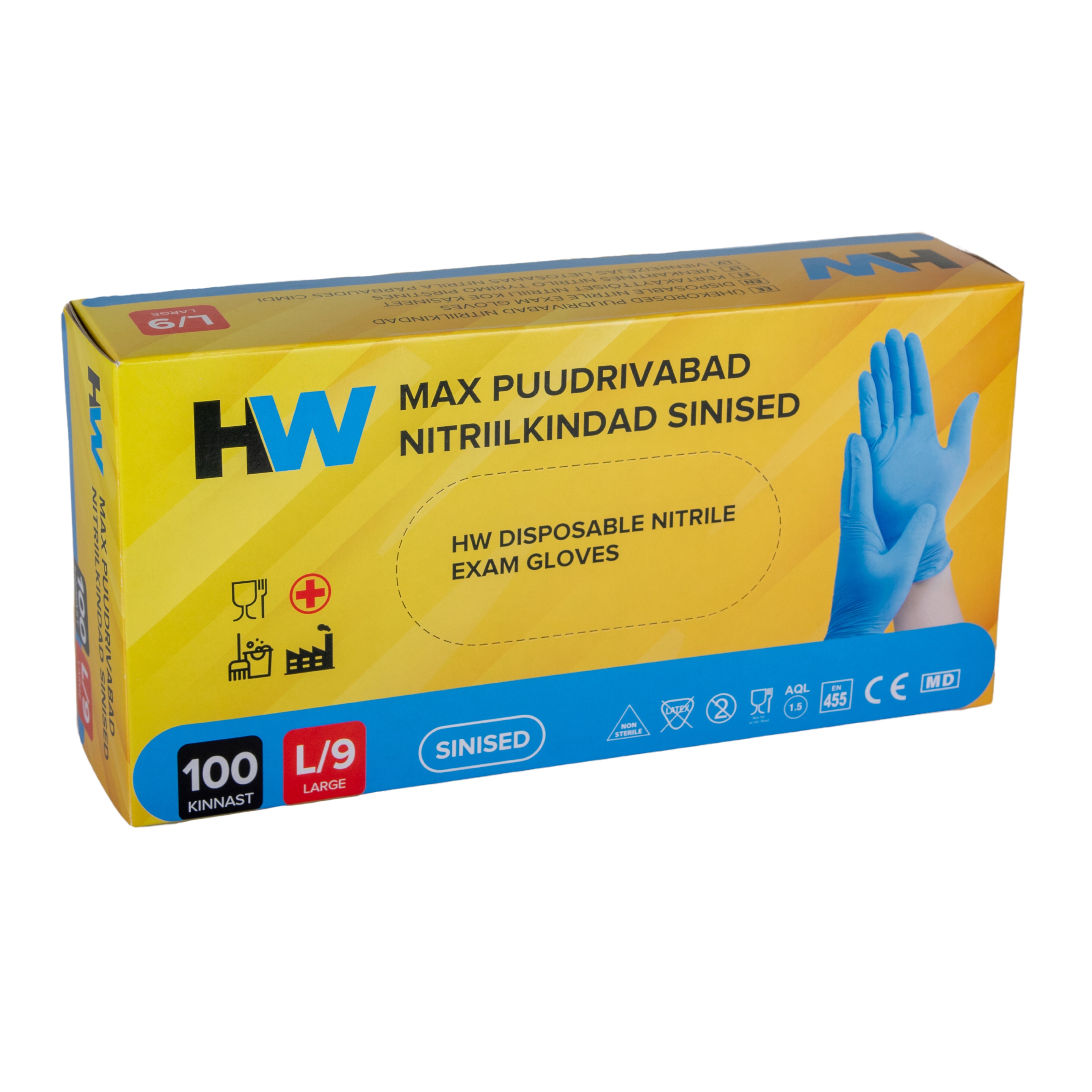 HW Max puudrivabad ühekordsed nitriilkindad 100tk/karp sinine